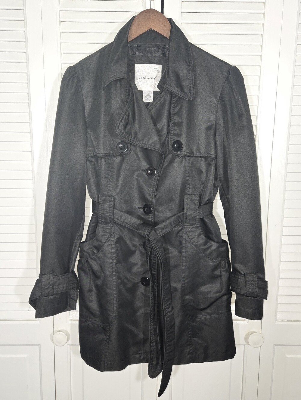 Wet Seal Button Up Trench Collar Neck Double Breasted Y2K Style Black Coat Sz XL